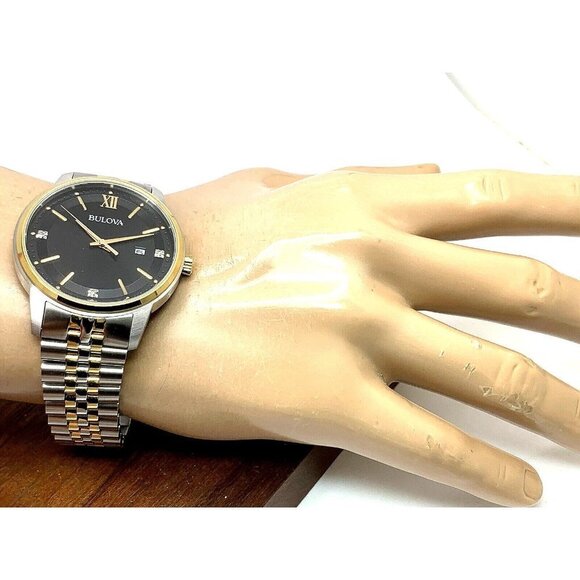 Bulova Men's Watch 98D163 Black Dial Diamond Accent Quartz Two Tone Steel - Picture 4 of 13